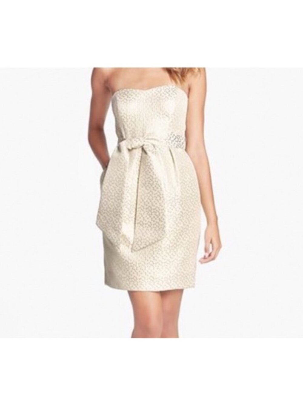 Jenny Yoo Gold Polka Dot Strapless Cocktail Dress Size 8 Bow Waist